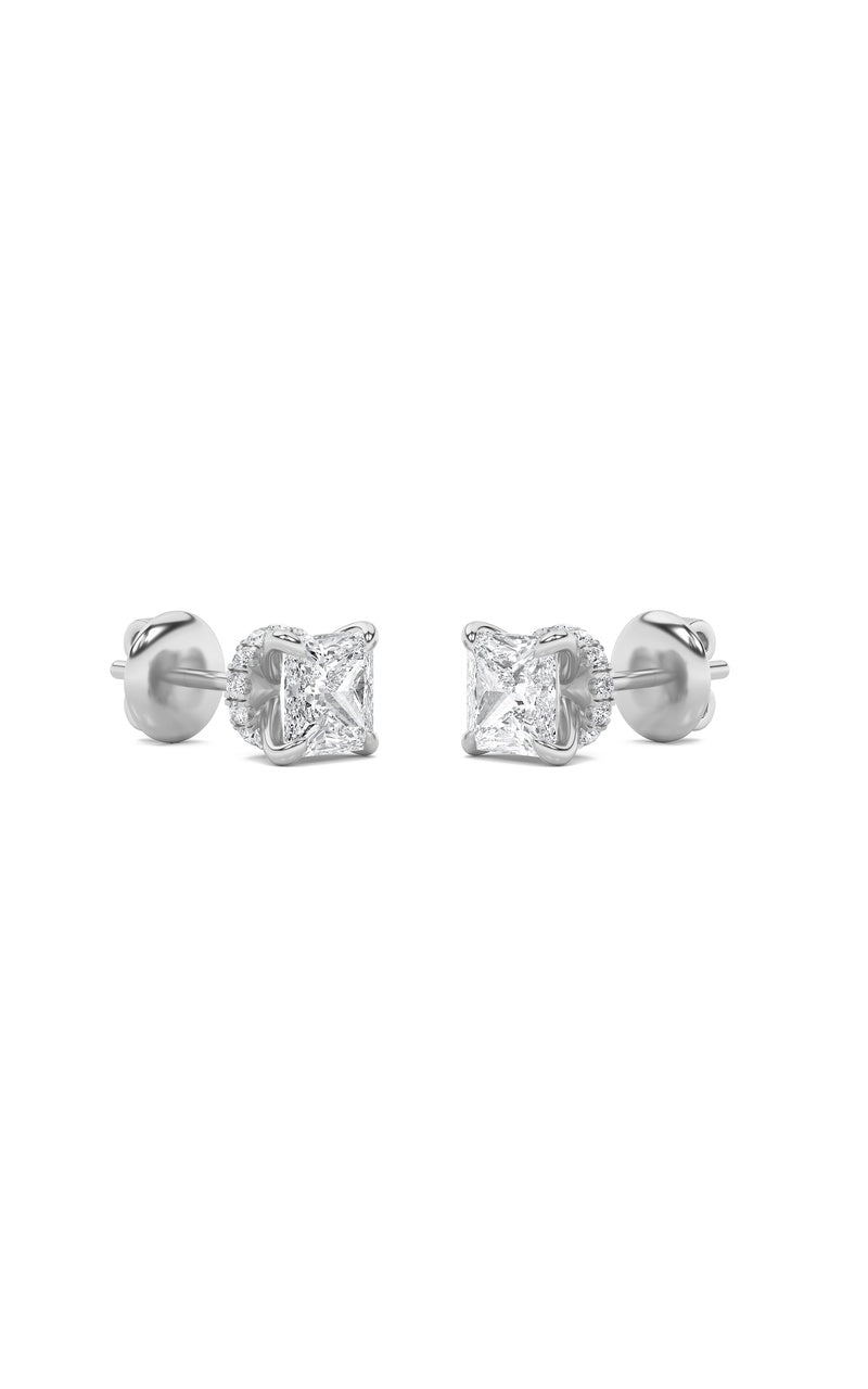 2CTW Princess Shaped Lab Grown Diamond (F/VS) Hidden Halo Stud Earrings in 14K Gold