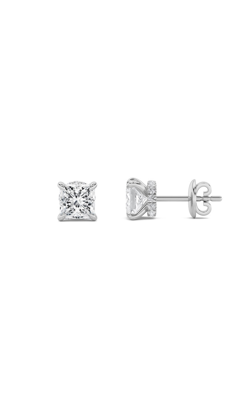 3Cttw Princess Shaped Lab Grown Diamond (F/VS) Hidden Halo Stud Earrings in 14K Gold