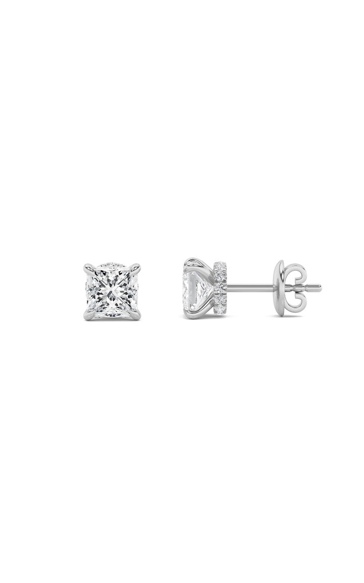 3Cttw Princess Shaped Lab Grown Diamond (F/VS) Hidden Halo Stud Earrings in 14K Gold