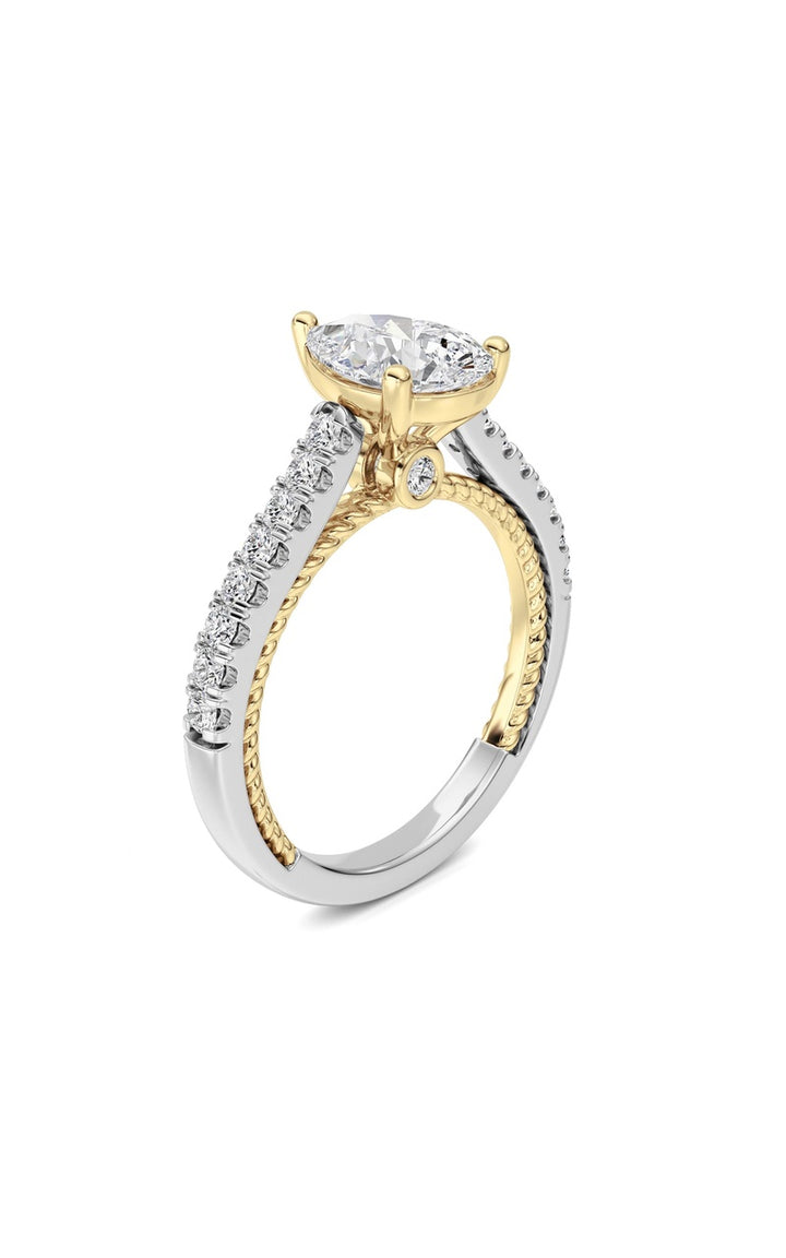 2CTW Pear Shaped Lab Grown Diamond (F/VS) Two Tone Accented Rope Design Engagement Ring in 14K Gold