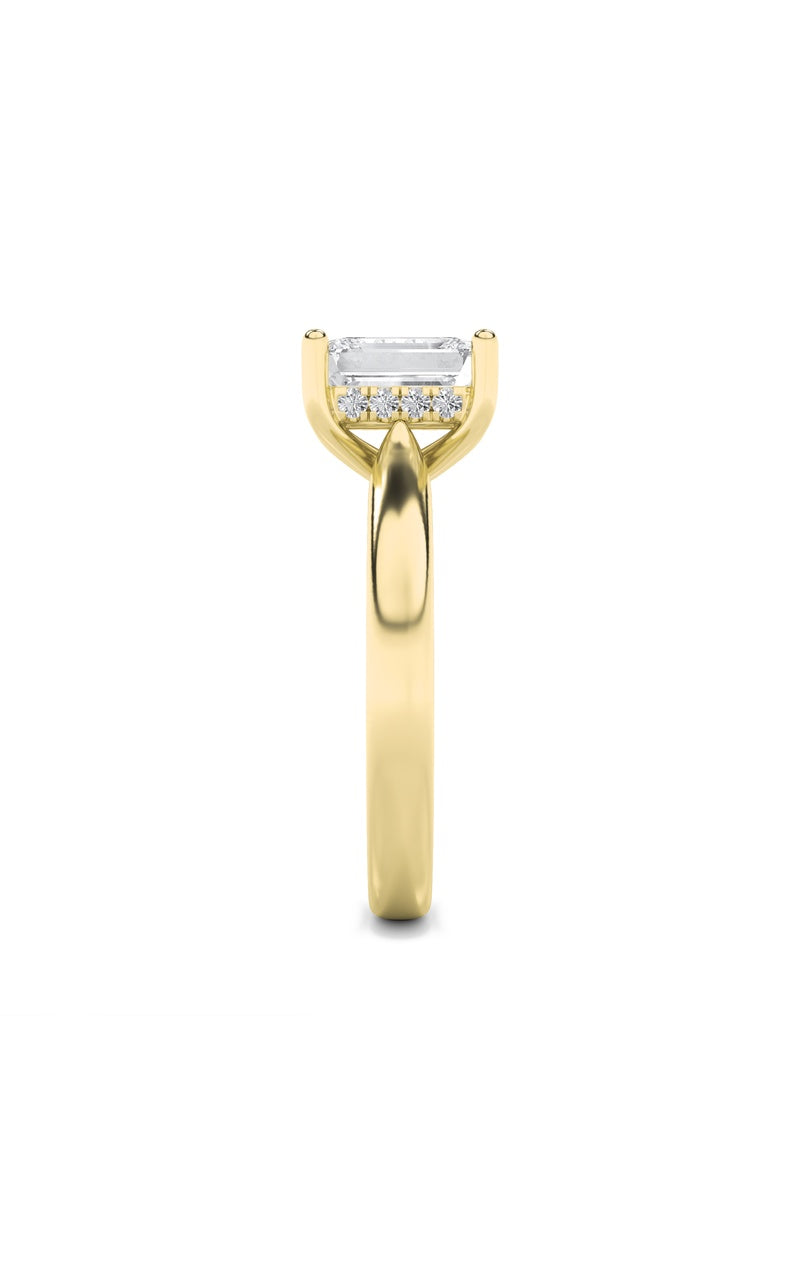 1Cttw Emerald Shaped Lab Grown Diamond (F/VS) Hidden Halo Cathedral Shank Engagement Ring in 14K Gold