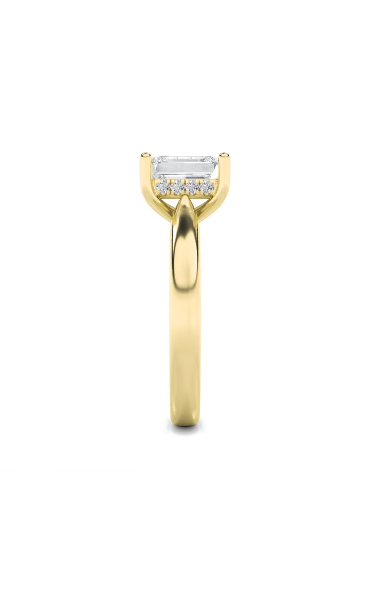 1Cttw Emerald Shaped Lab Grown Diamond (F/VS) Hidden Halo Cathedral Shank Engagement Ring in 14K Gold