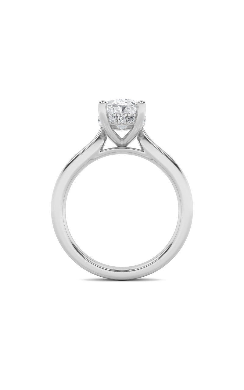 2CTW Oval Shaped Lab Grown Diamond (F/VS) Hidden Halo Cathedral Shank Engagement Ring in 14K Gold