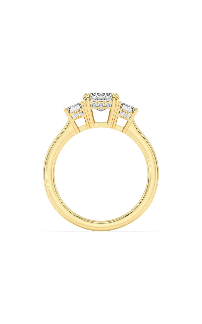 3CTW Emerald Shaped Lab Grown Diamond (F/VS) Three Stone Accented Ring in 14K Gold
