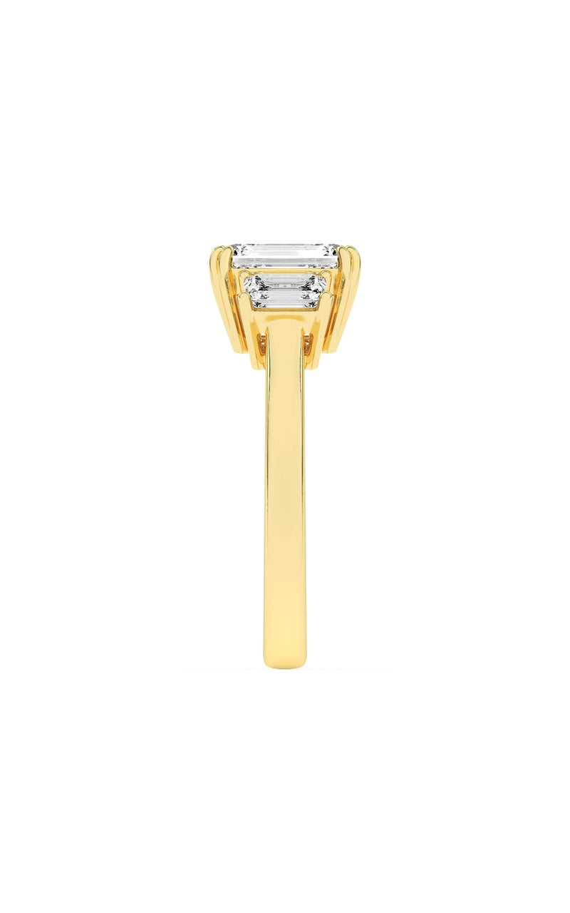 3CTW Emerald Shaped Lab Grown Diamond (F/VS) Three Stone Accented Ring in 14K Gold