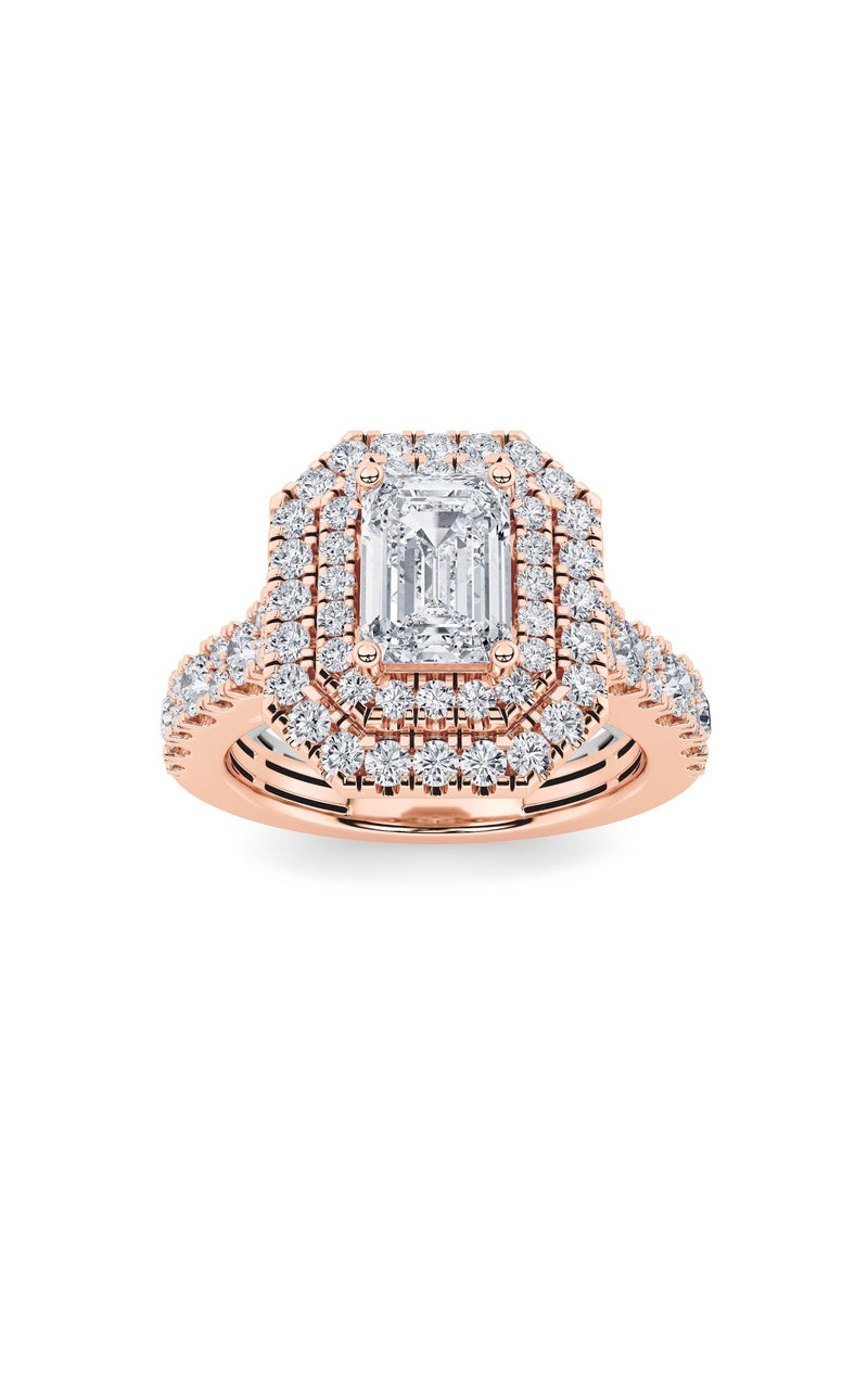 2Cttw Emerald Shaped Lab Grown Diamond (F/VS) Double Halo Engagement Ring in 14K Gold