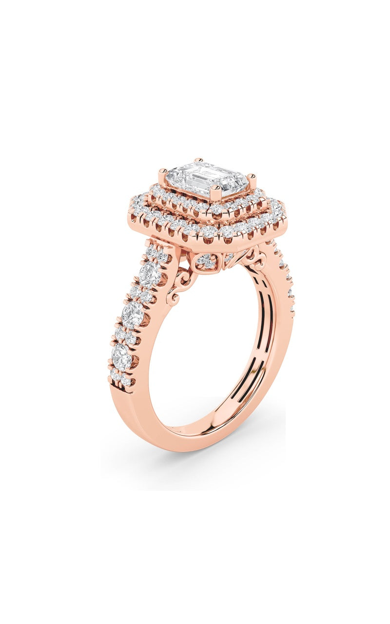 2Cttw Emerald Shaped Lab Grown Diamond (F/VS) Double Halo Engagement Ring in 14K Gold