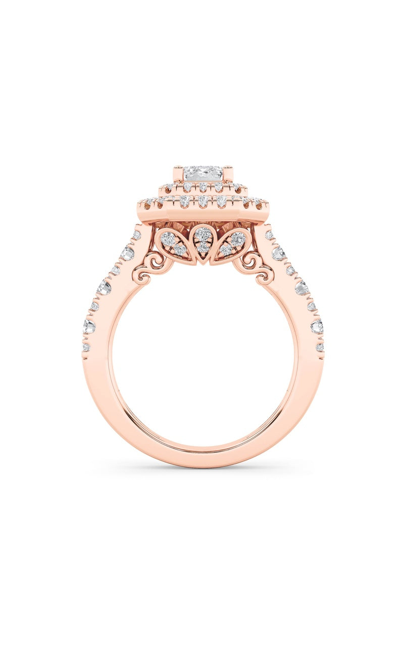 2Cttw Emerald Shaped Lab Grown Diamond (F/VS) Double Halo Engagement Ring in 14K Gold