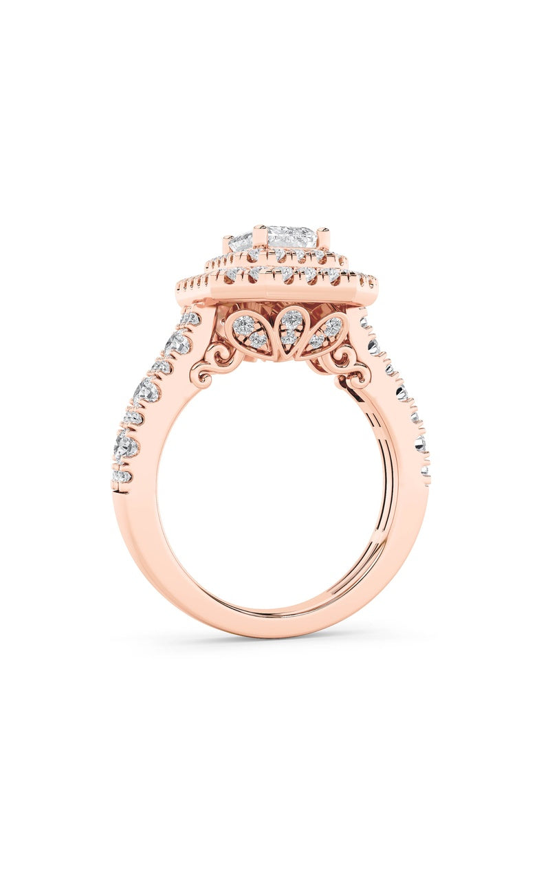 2CTW Emerald Shaped Lab Grown Diamond (F/VS) Double Halo Engagement Ring in 14K Gold