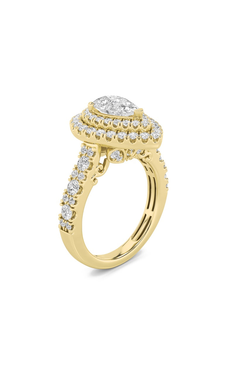2CTW Pear Shaped Lab Grown Diamond (F/VS) Double Halo Engagement Ring in 14K Gold, 14K Yellow Gold