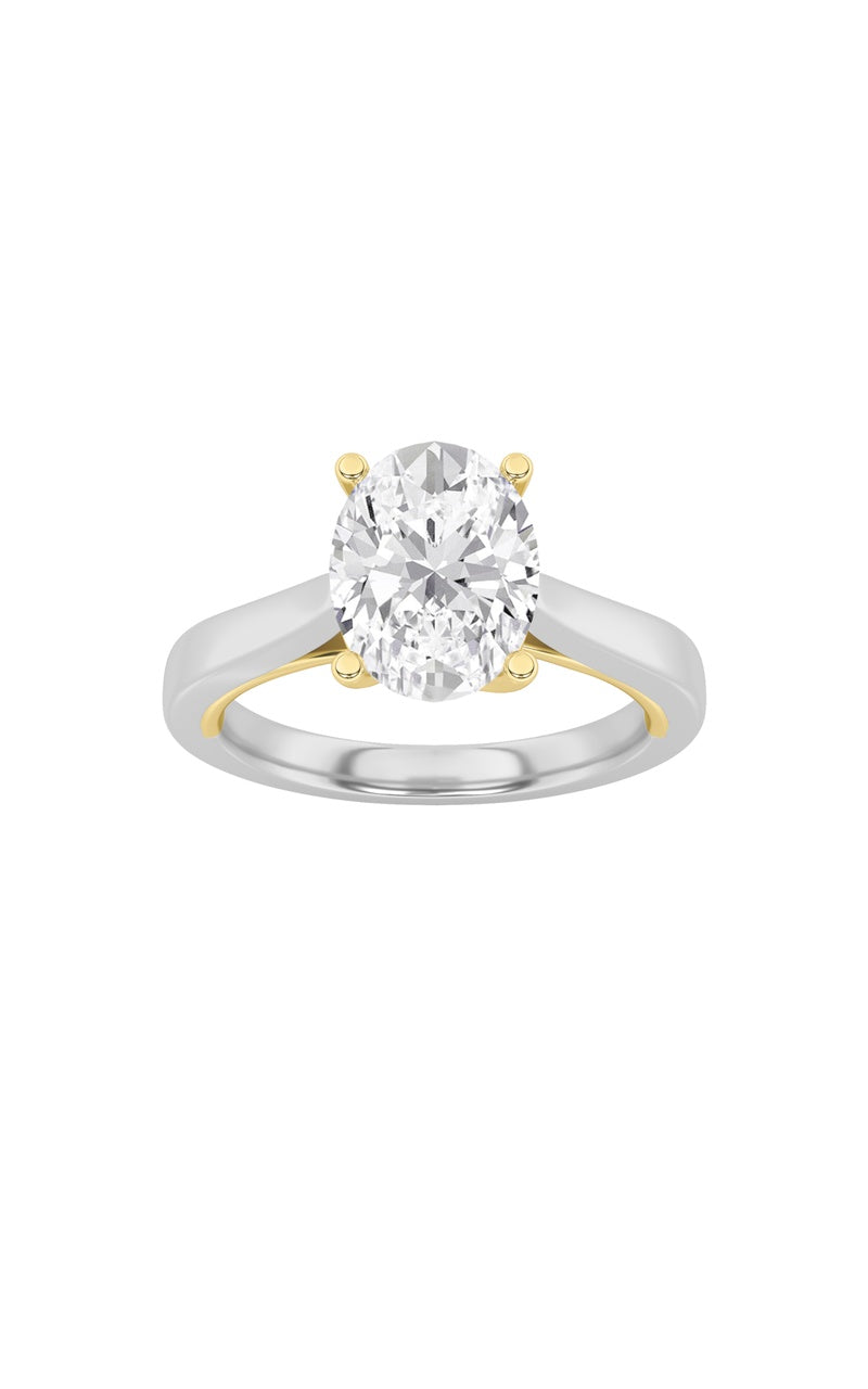 1CTW Oval Shaped Lab Grown Diamond (F/VS) Two Tone Twisted Basket Cathedral Shank Solitaire Ring in 14K Gold