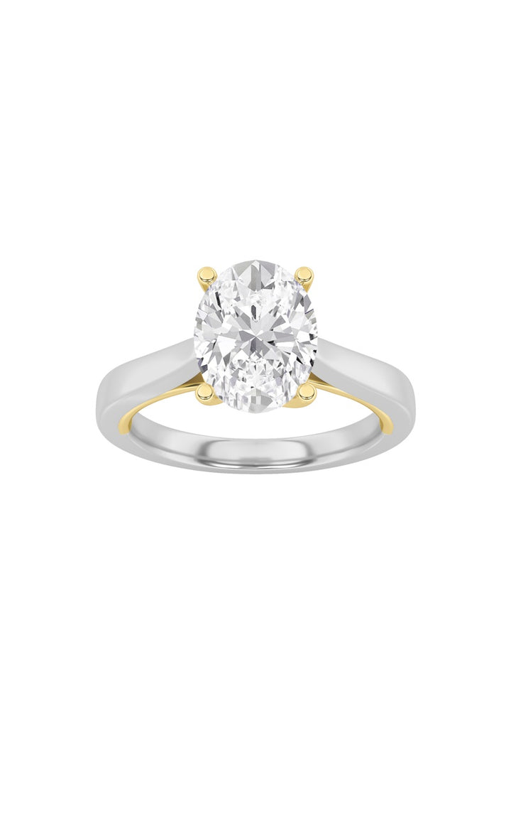 1CTW Oval Shaped Lab Grown Diamond (F/VS) Two Tone Twisted Basket Cathedral Shank Solitaire Ring in 14K Gold