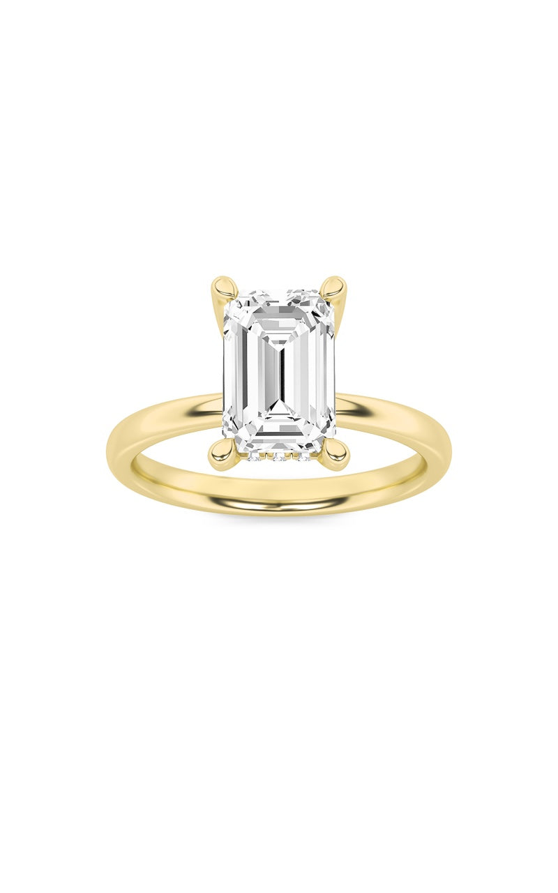 2CTW Emerald Shaped Lab Grown Diamond (F/VS) Hidden Halo Petite Shank Ring in 14K Gold
