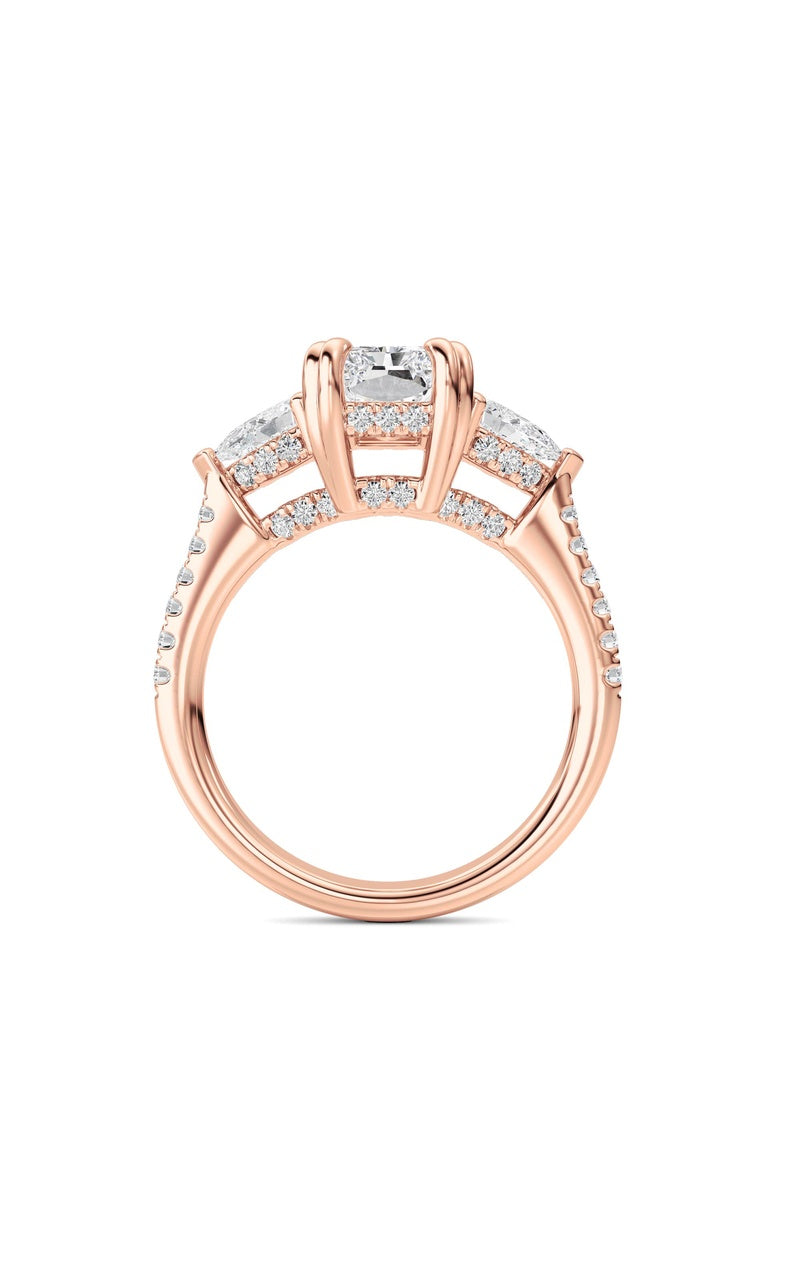 3CTW Radiant Shaped Lab Grown Diamond (F/VS) Accented Three Stone Ring in 14K Gold