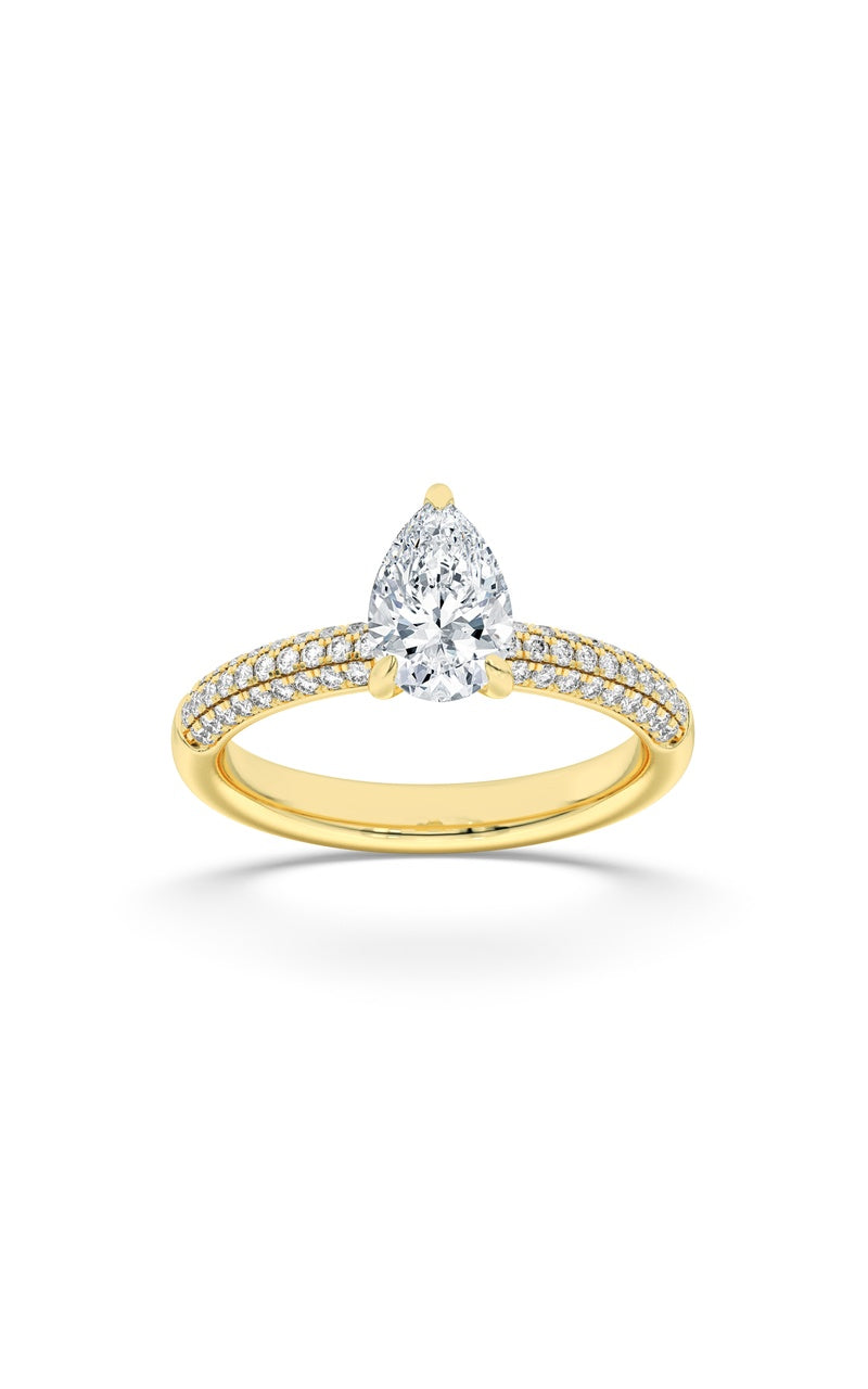 1.5CTW Pear Shaped Lab Grown Diamond (F/VS) Three Row Micro Pave Engagement Ring in 14K Gold