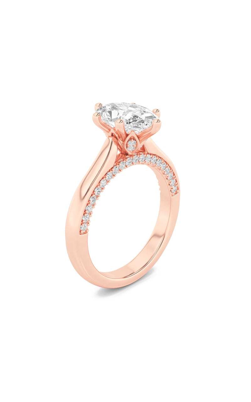 2CTW Oval Shaped Lab Grown Diamond (F/VS) Tulip Motif Accented Engagement Ring in 14K Gold