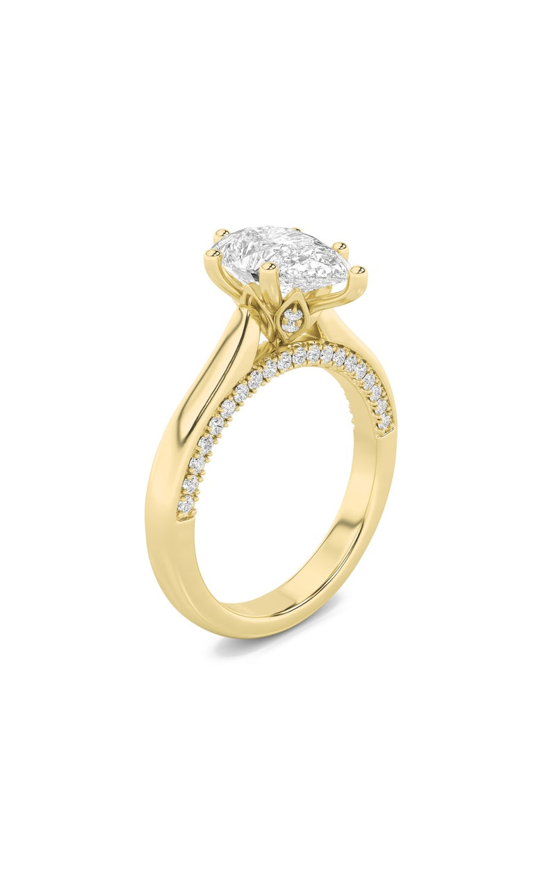 2CTW Pear Shaped Lab Grown Diamond (F/VS) Tulip Motif Accented Engagement Ring in 14K Gold