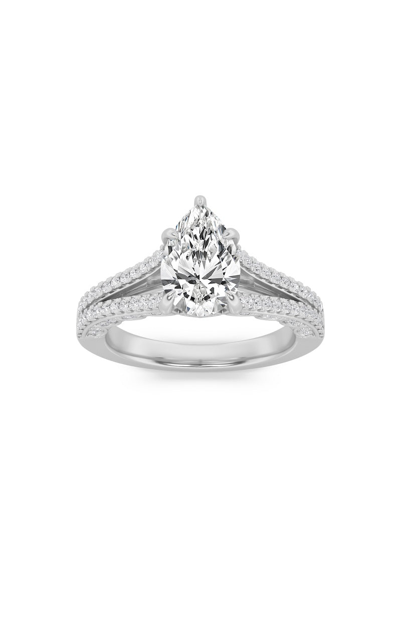 2CTW Pear Shaped Lab Grown Diamond (F/VS) Split Shank Accented Engagement Ring in 14K Gold