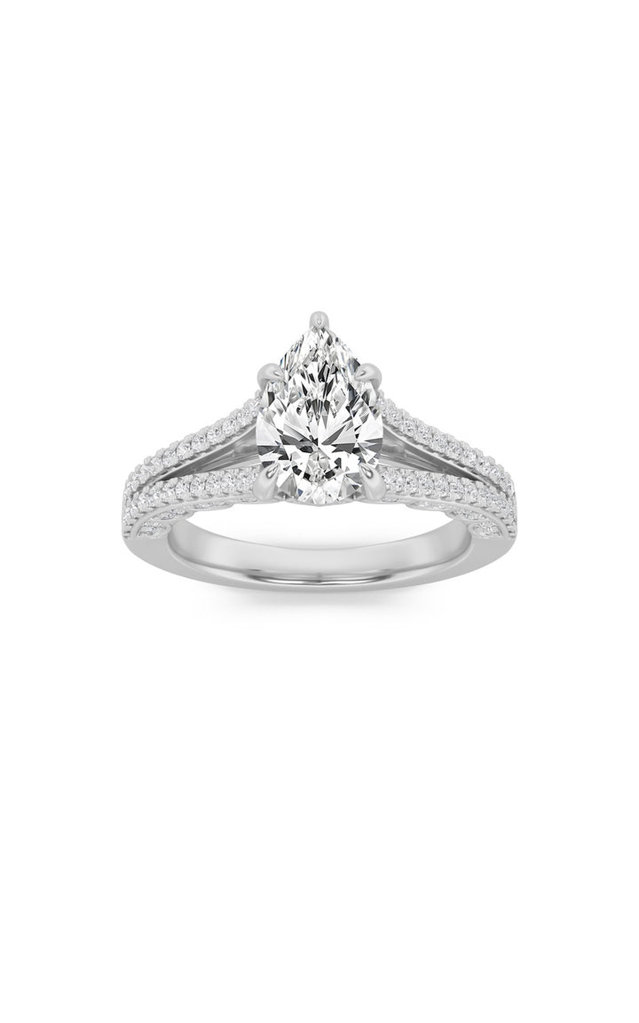 2CTW Pear Shaped Lab Grown Diamond (F/VS) Split Shank Accented Engagement Ring in 14K Gold