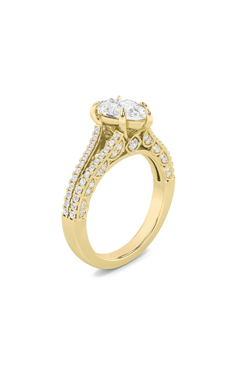 2CTW Pear Shaped Lab Grown Diamond (F/VS) Split Shank Accented Engagement Ring in 14K Gold, 14K Yellow Gold