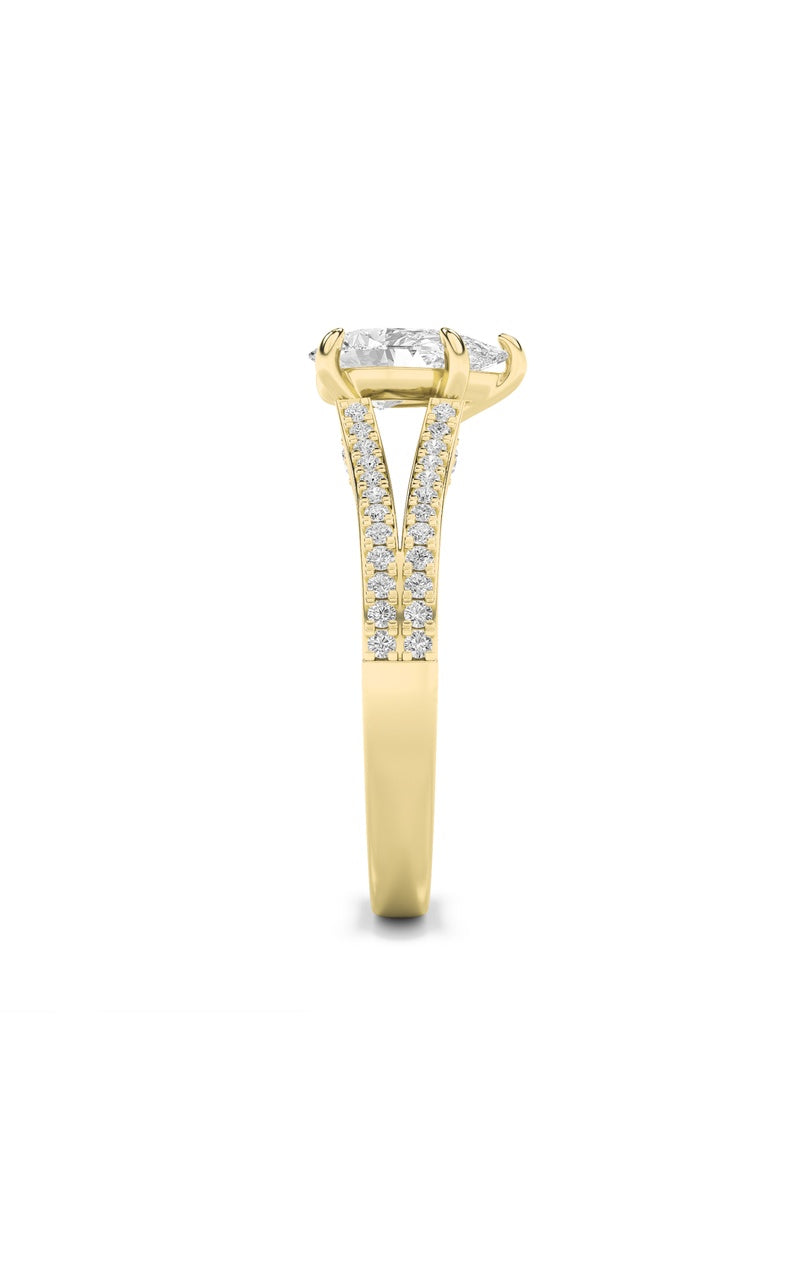 2CTW Pear Shaped Lab Grown Diamond (F/VS) Split Shank Accented Engagement Ring in 14K Gold