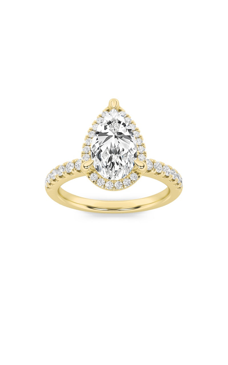 2CTW Pear Shaped Lab Grown Diamond (F/VS) Halo Accented Engagement Ring in 14K Gold
