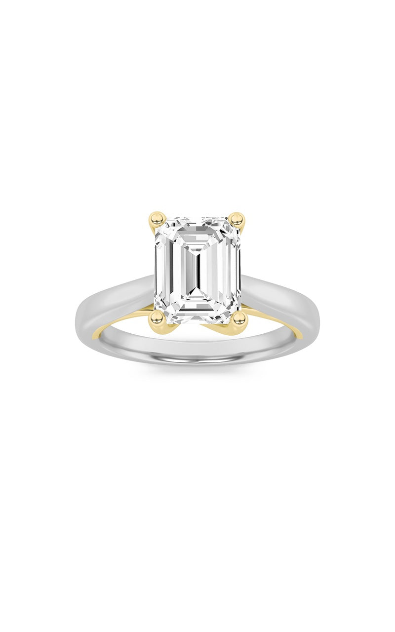 1.5CTW Emerald Shaped Lab Grown Diamond (F/VS) Two Tone Cathedral Shank Engagement Ring in 14K Gold