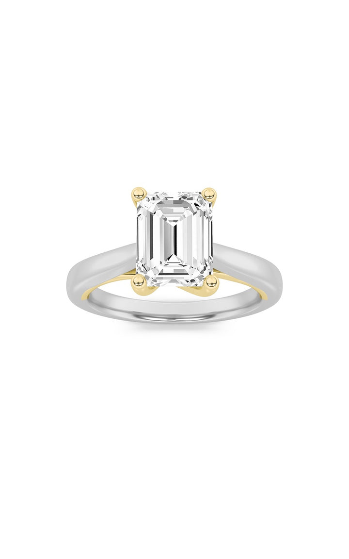 1.5CTW Emerald Shaped Lab Grown Diamond (F/VS) Two Tone Cathedral Shank Engagement Ring in 14K Gold