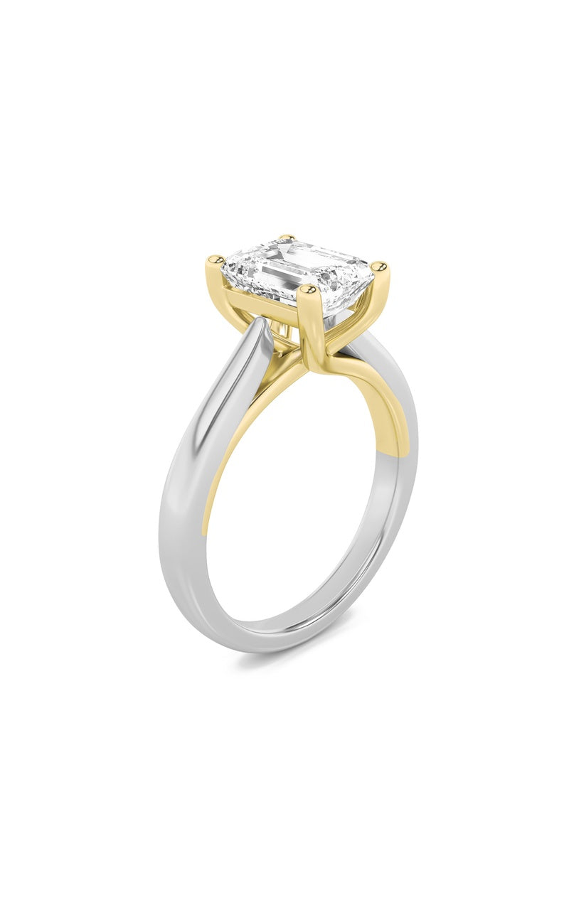1.5CTW Emerald Shaped Lab Grown Diamond (F/VS) Two Tone Cathedral Shank Engagement Ring in 14K Gold