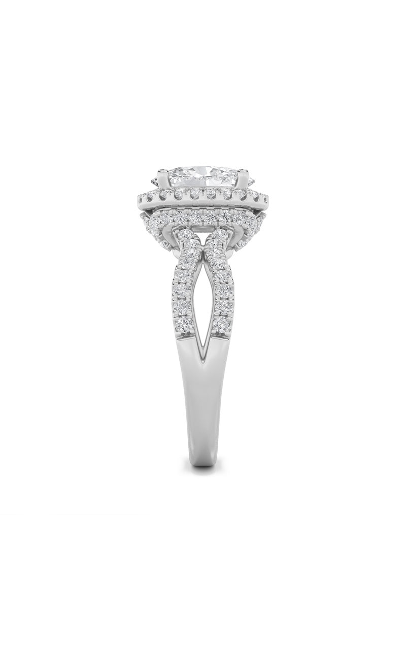 2Cttw Oval Shaped Lab Grown Diamond (F/VS) Split Shank Halo Accented Engagement Ring in 14K Gold