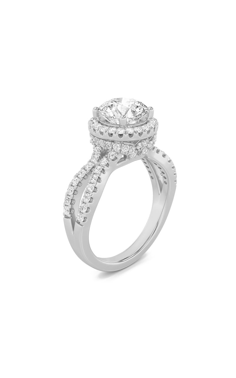 2CTW Round Shaped Lab Grown Diamond (F/VS) Split Shank Halo Accented Engagement Ring in 14K Gold