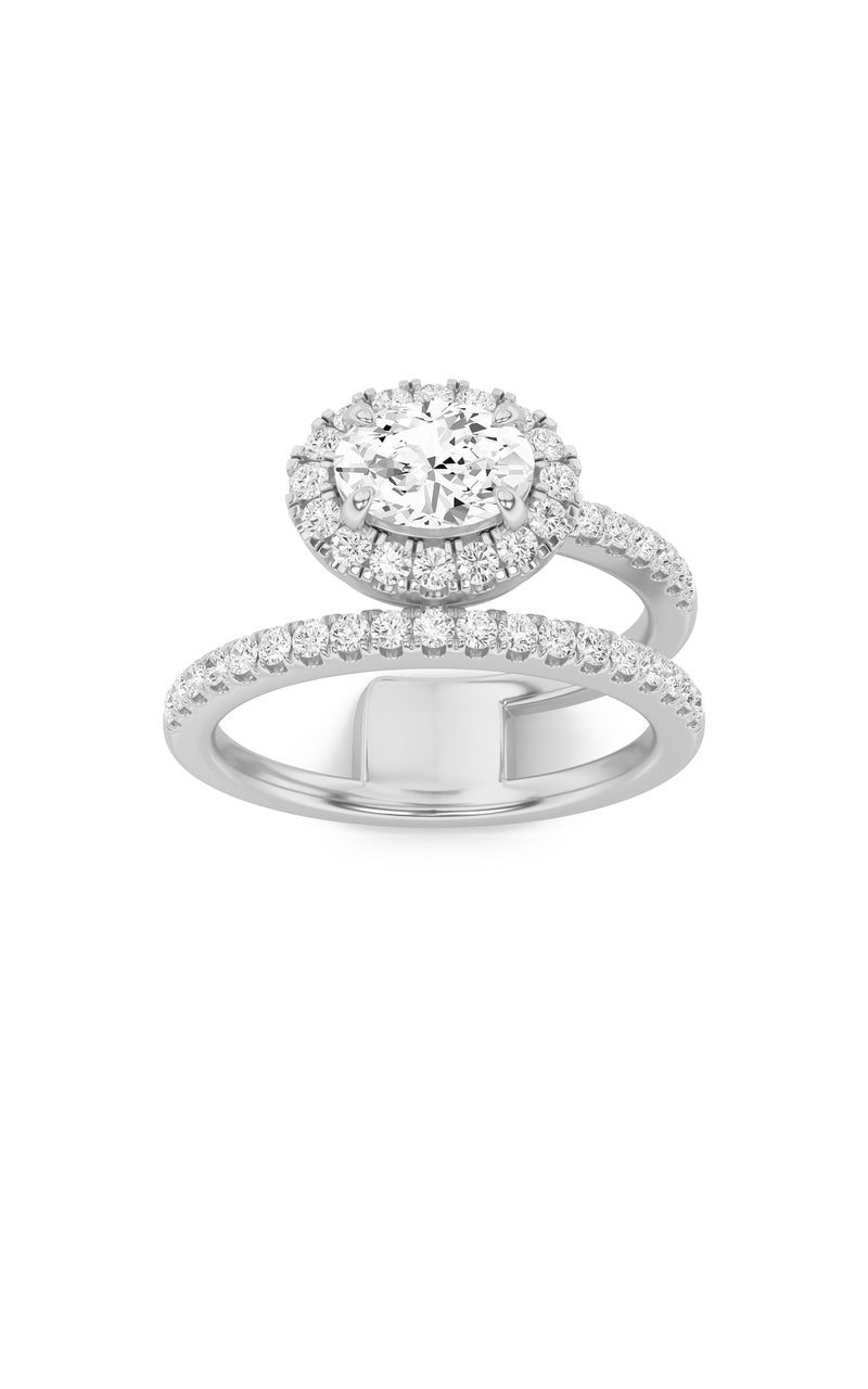 1Cttw Oval Shaped Lab Grown Diamond (F/VS) Halo Accented Fashion Ring in 14K Gold