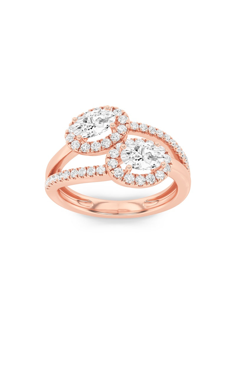 1Cttw Oval Shaped Lab Grown Diamond (F/VS) Accented Toi et Moi Fashiion Ring in 14K Gold