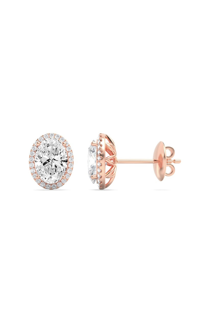 1CTW Oval Shaped Lab Grown Diamond (F/VS) Halo Stud Earrings in 14K Gold