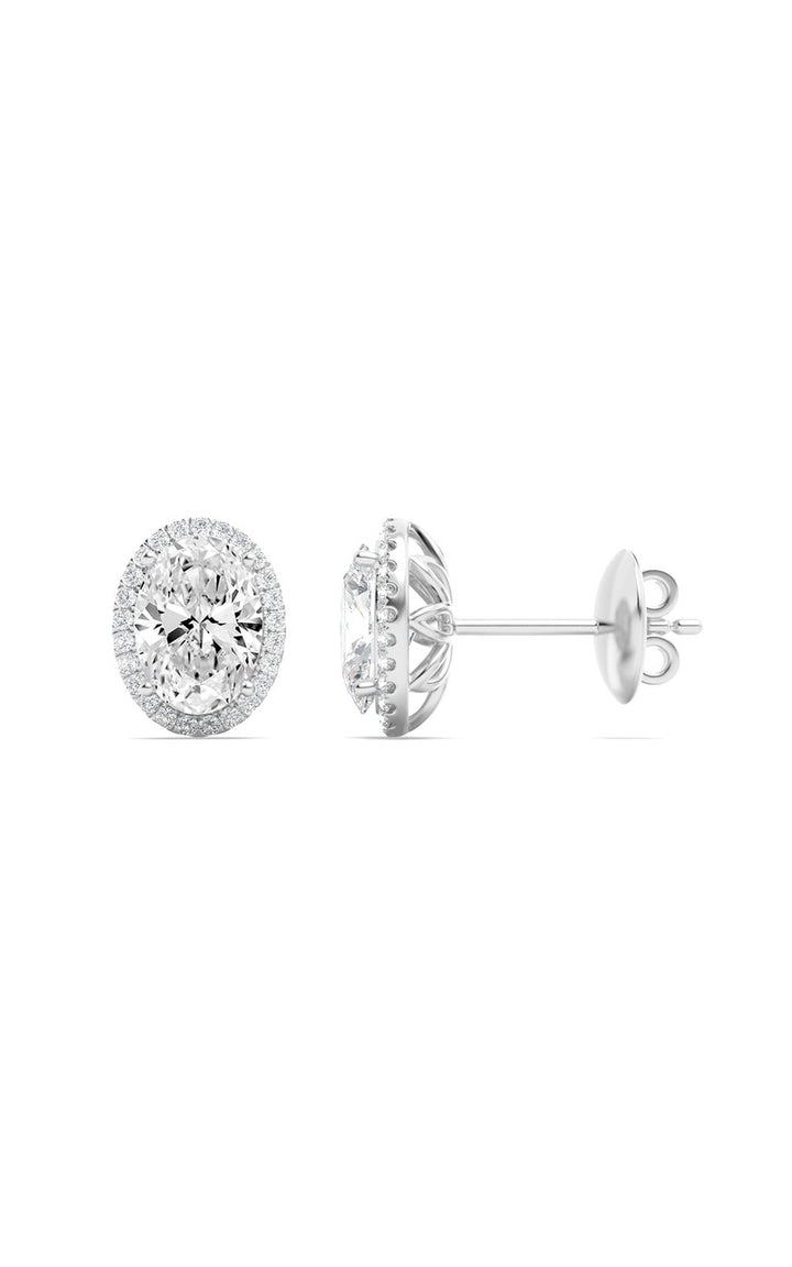 2CTW Oval Shaped Lab Grown Diamond (F/VS) Halo Stud Earrings in 14K Gold