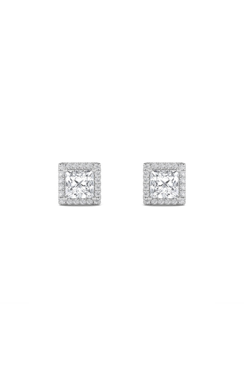 2CTW Princess Shaped Lab Grown Diamond (F/VS) Halo Stud Earrings in 14K Gold