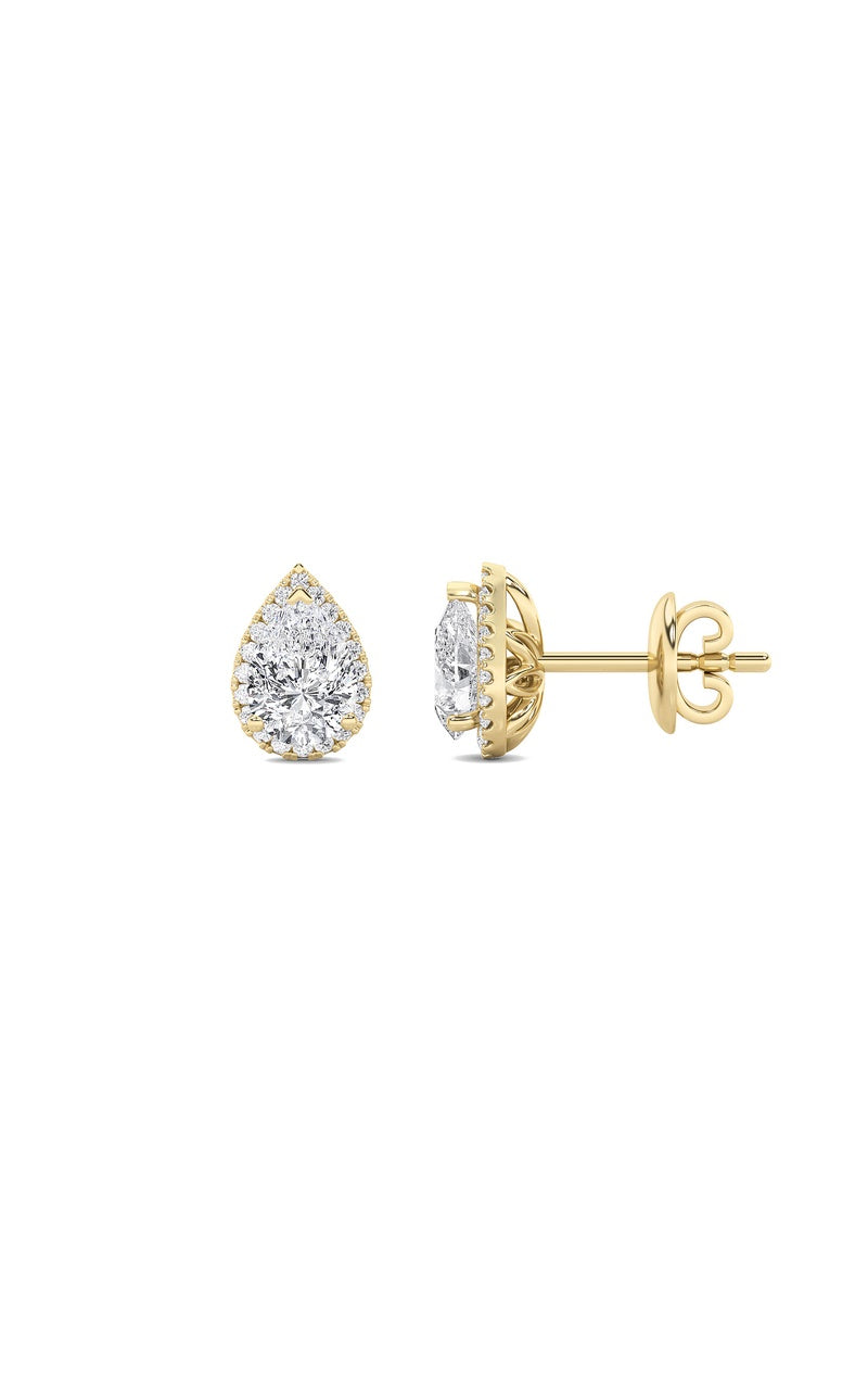 2CTW Pear Shaped Lab Grown Diamond (F/VS) Halo Stud Earrings in 14K Gold