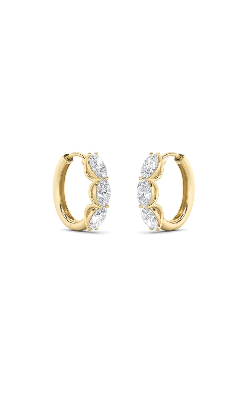3CTW Oval Shaped Lab Grown Diamond (F/VS) Three Stone Huggie Earrings in 14K Gold