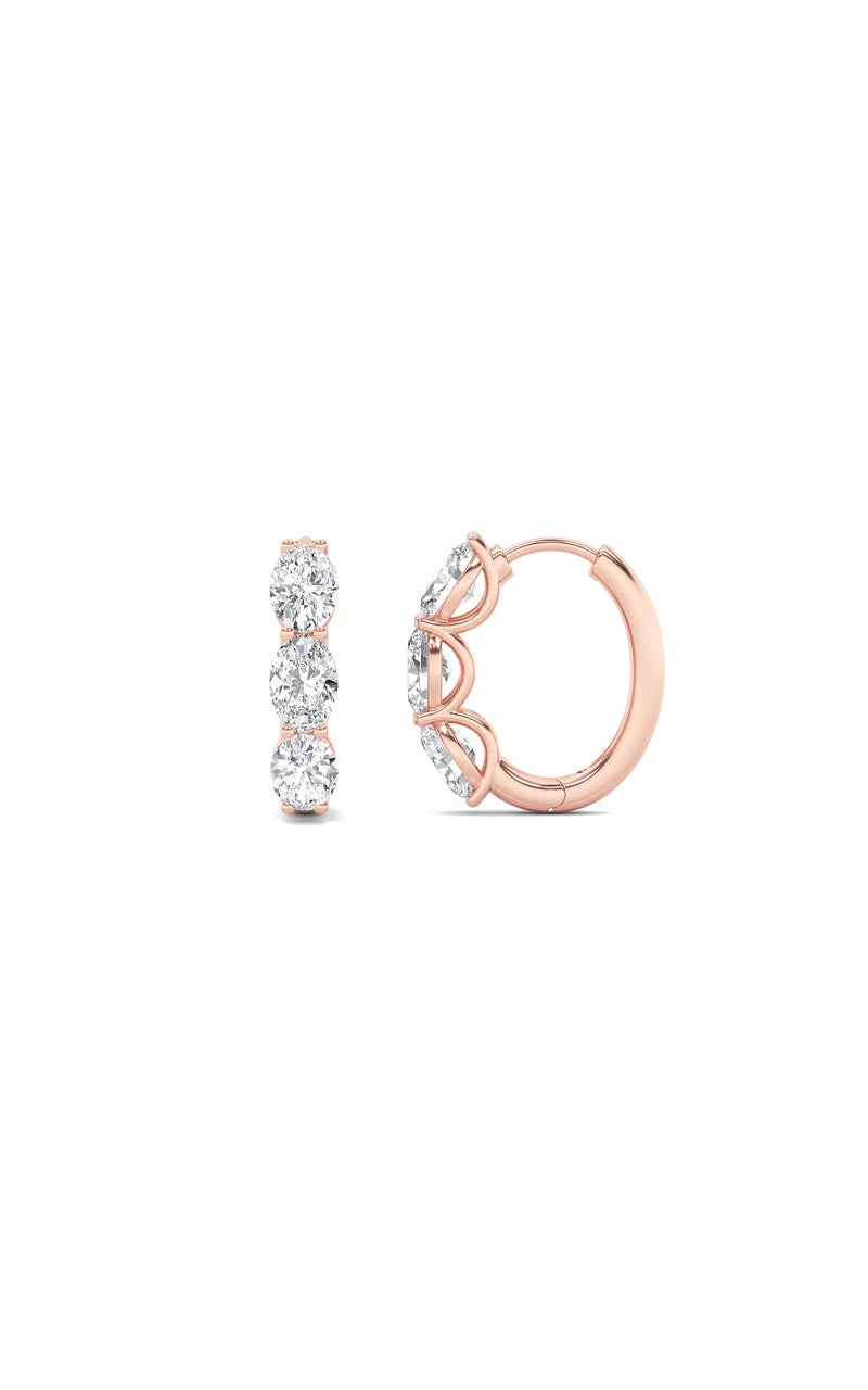 3CTW Oval Shaped Lab Grown Diamond (F/VS) Three Stone Huggie Earrings in 14K Gold