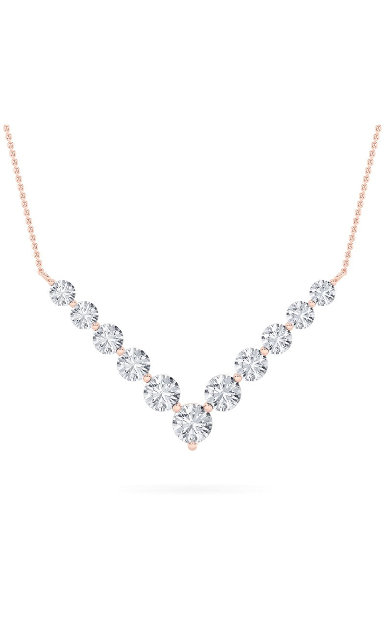 5Cttw Round Shaped Lab Grown Diamond (F/VS) Graduating V Necklace in 14K Gold