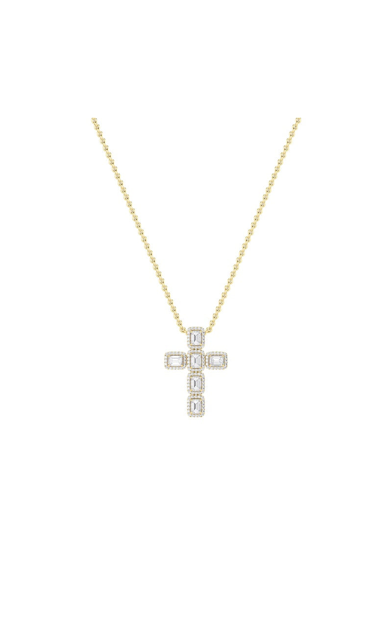 3CTW Emerald Shaped Lab Grown Diamond (F/VS) Cross Pendant in 14K Gold