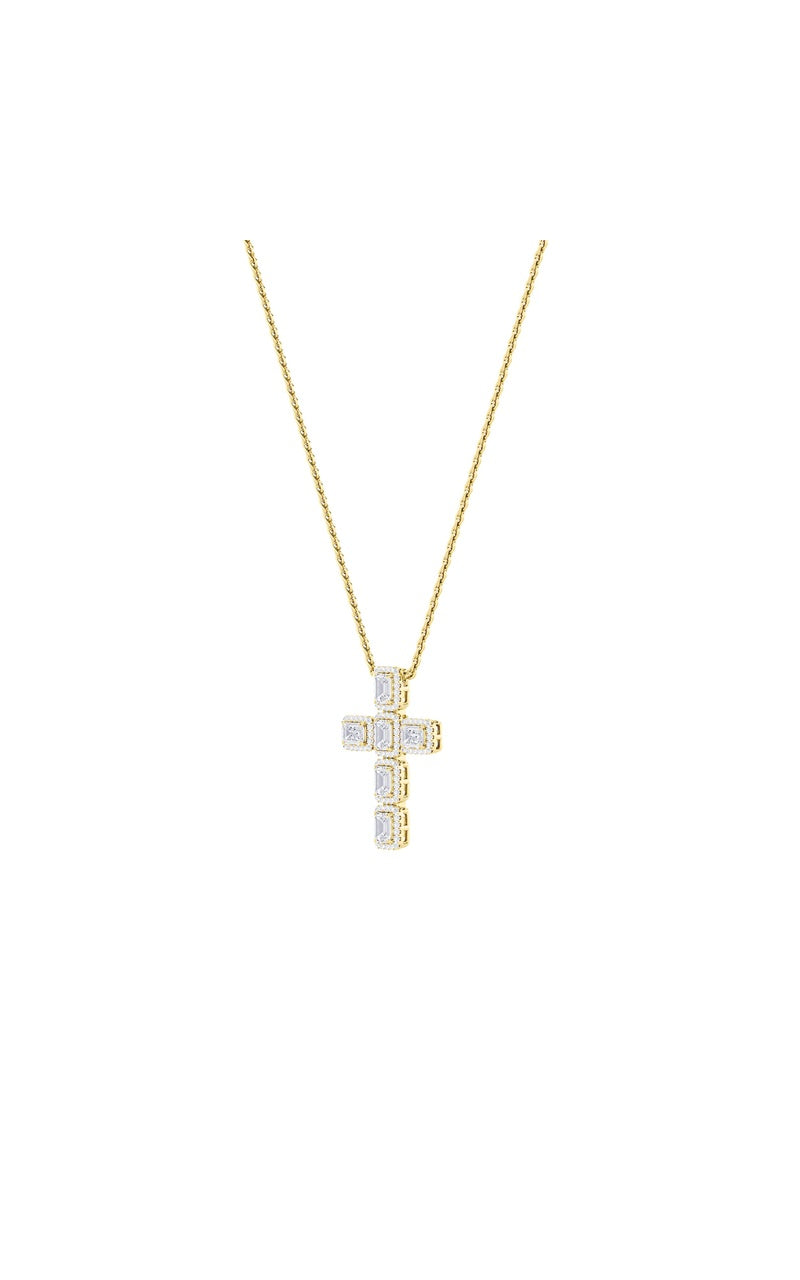 3CTW Emerald Shaped Lab Grown Diamond (F/VS) Cross Pendant in 14K Gold