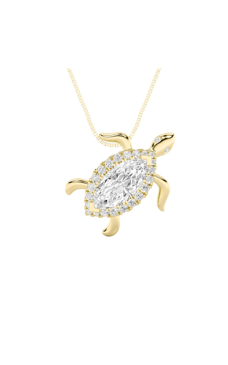 2CTW Marquise Shaped Lab Grown Diamond (F/VS) Accented Turtle Pendant in 14K Gold