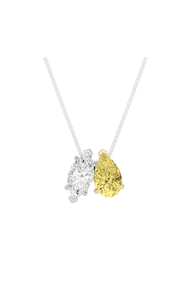 2.5Cttw Pear Shaped Fancy Yellow & White Lab Grown Diamond (F/VS) Two Stone Fancy Pendant in 14K Gold