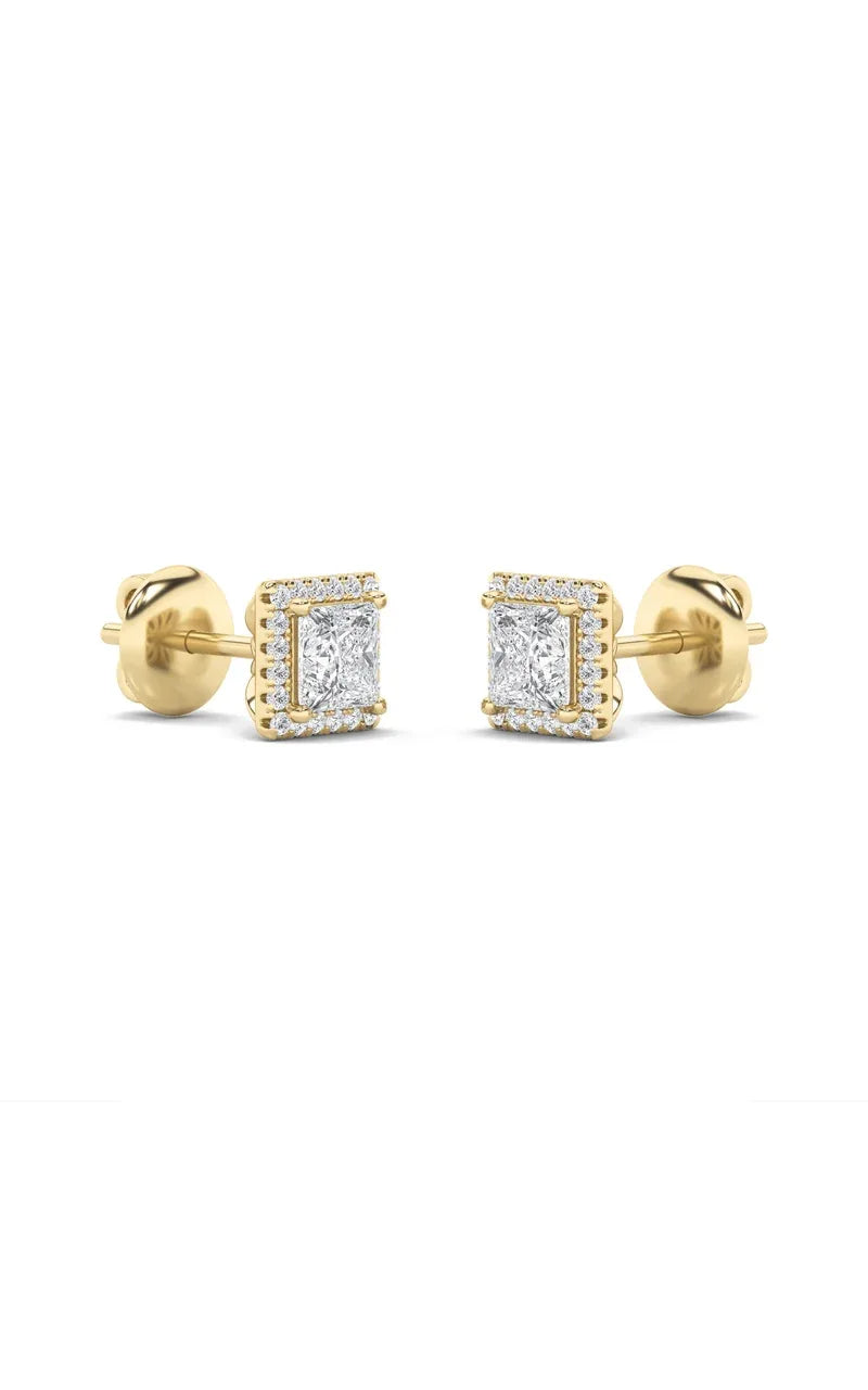 2Cttw Princess Shaped Lab Grown Diamond (F/VS) Halo Stud  Earrings in 14K Gold