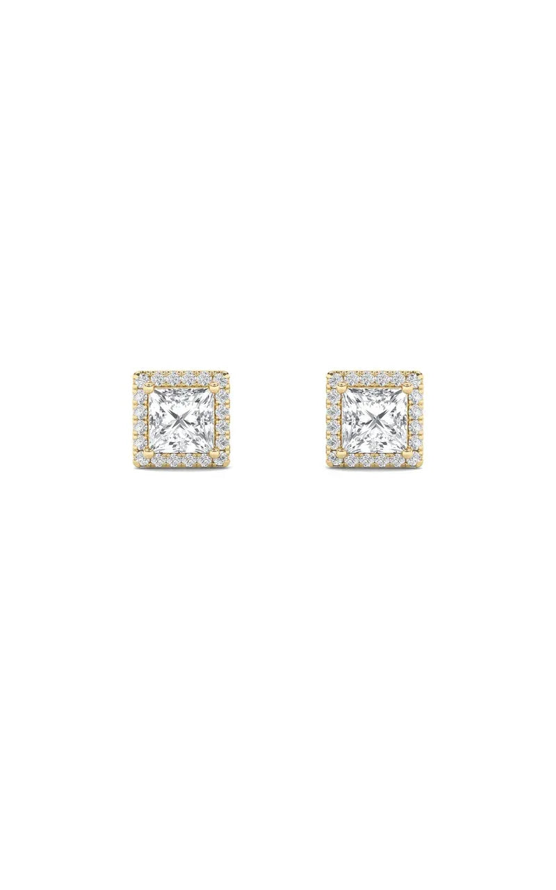2Cttw Princess Shaped Lab Grown Diamond (F/VS) Halo Stud  Earrings in 14K Gold
