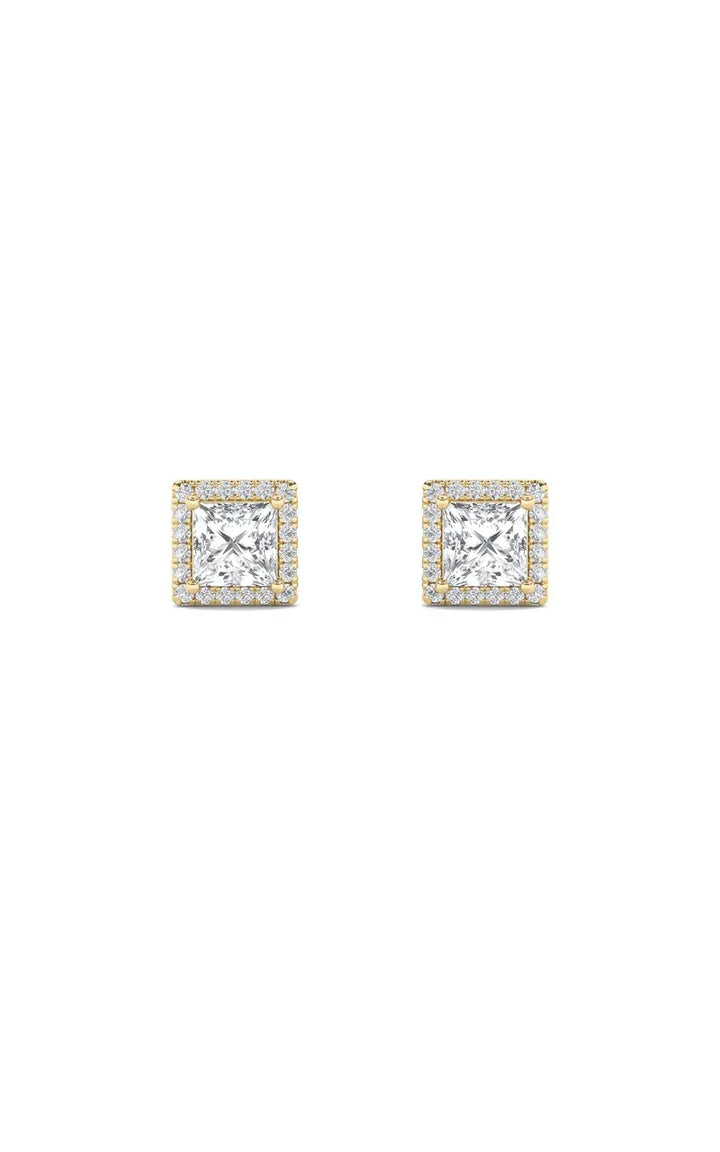 2Cttw Princess Shaped Lab Grown Diamond (F/VS) Halo Stud  Earrings in 14K Gold