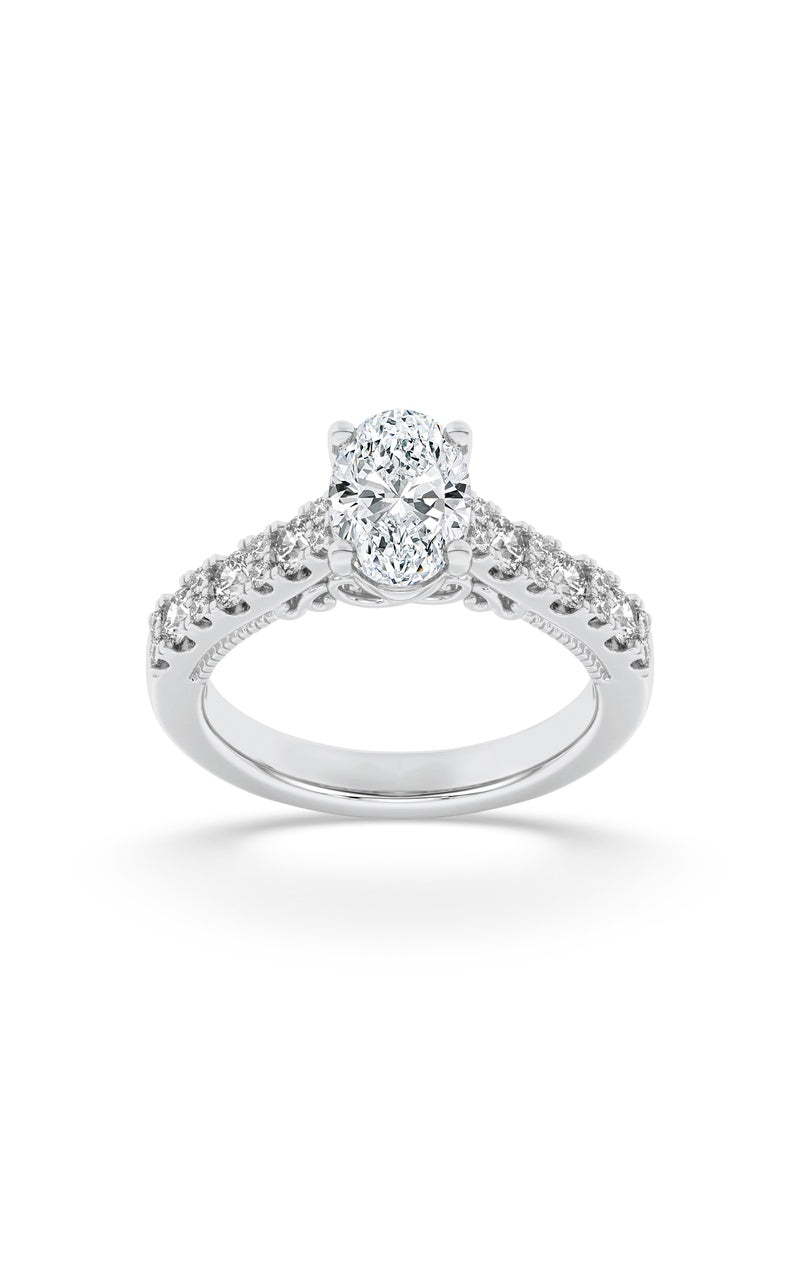 2CTW Oval Shaped Lab Grown Diamond (F/VS) Accented Milgrain Engagement Ring in 14K Gold, 14K White Gold