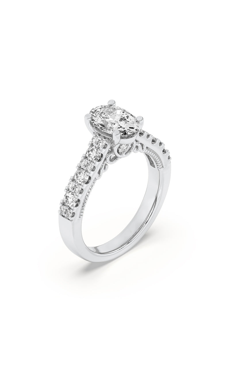 2CTW Oval Shaped Lab Grown Diamond (F/VS) Accented Milgrain Engagement Ring in 14K Gold, 14K White Gold