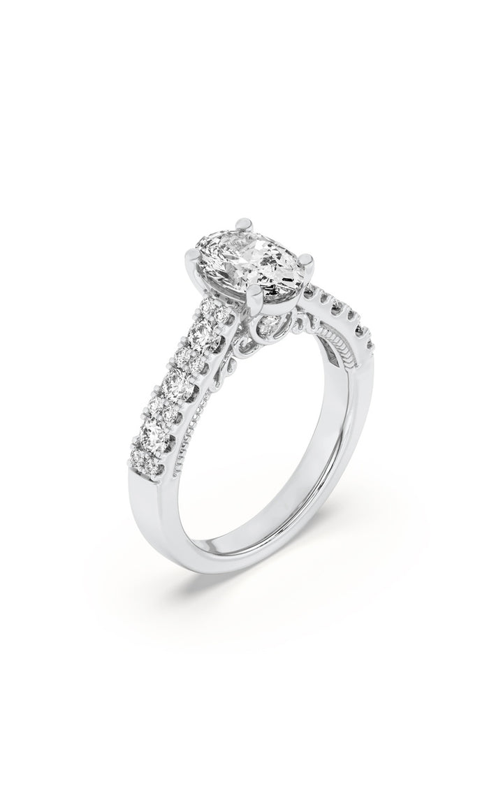 2CTW Oval Shaped Lab Grown Diamond (F/VS) Accented Milgrain Engagement Ring in 14K Gold